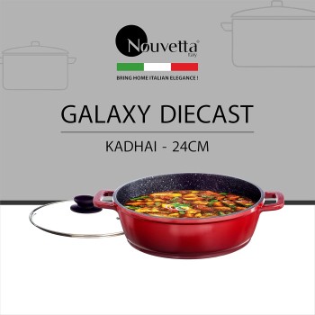 Nouvetta Die Cast Non Stick Kadhai with Glass Lid ( 24 cm, 3 Coat, 4.5mm Thickness), Red & Black Nouvetta Die Cast Non Stick Kadhai with Glass Lid ( 24 cm, 3 Coat, 4.5mm Thickness), Red & Black
