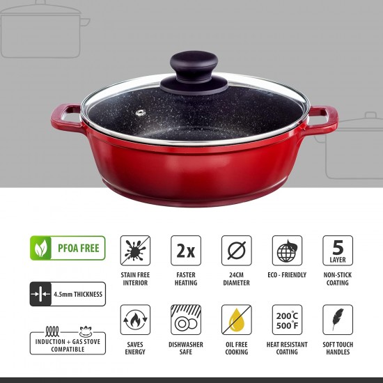 Nouvetta Die Cast Non Stick Kadhai with Glass Lid ( 24 cm, 3 Coat, 4.5mm Thickness), Red & Black