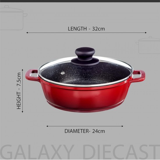 Nouvetta Die Cast Non Stick Kadhai with Glass Lid ( 24 cm, 3 Coat, 4.5mm Thickness), Red & Black