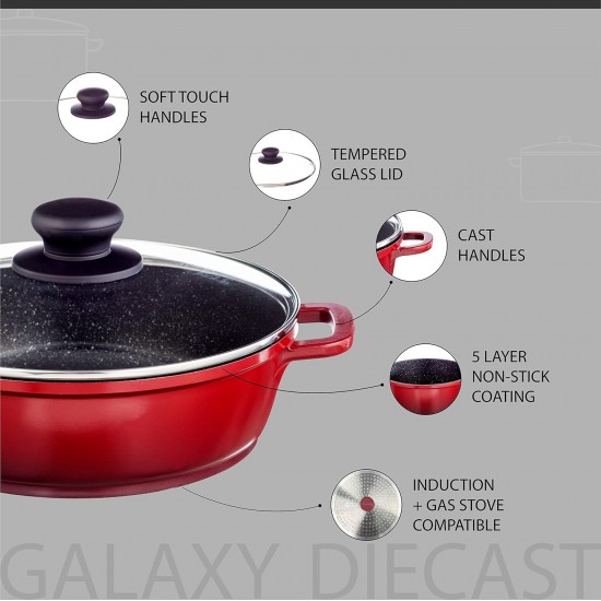 Nouvetta Die Cast Non Stick Kadhai with Glass Lid ( 24 cm, 3 Coat, 4.5mm Thickness), Red & Black