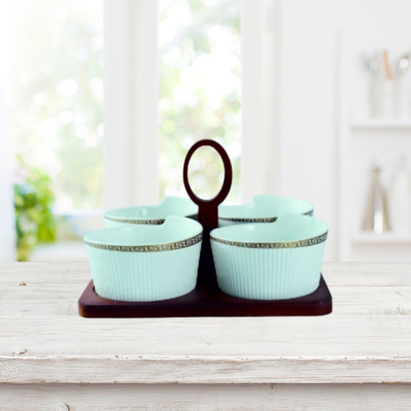 4PCS BOWL SET WITH BAMBOO TRAY -SHINE WHITE 4PCS BOWL SET WITH BAMBOO TRAY -SHINE WHITE