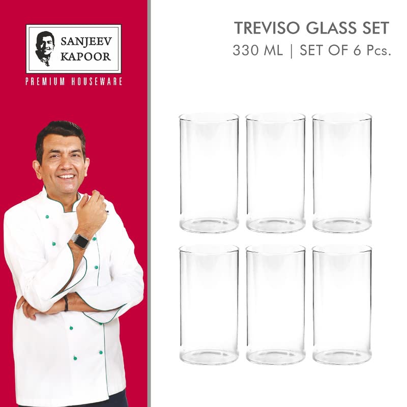 Sanjeev Kapoor Treviso Borosilicate Glass Set of 6 pcs, 330ml, Transparent, Glasses for- Water, Juice, Cold Drinks, Mojito, Perfect for Home, Restaurants and Parties