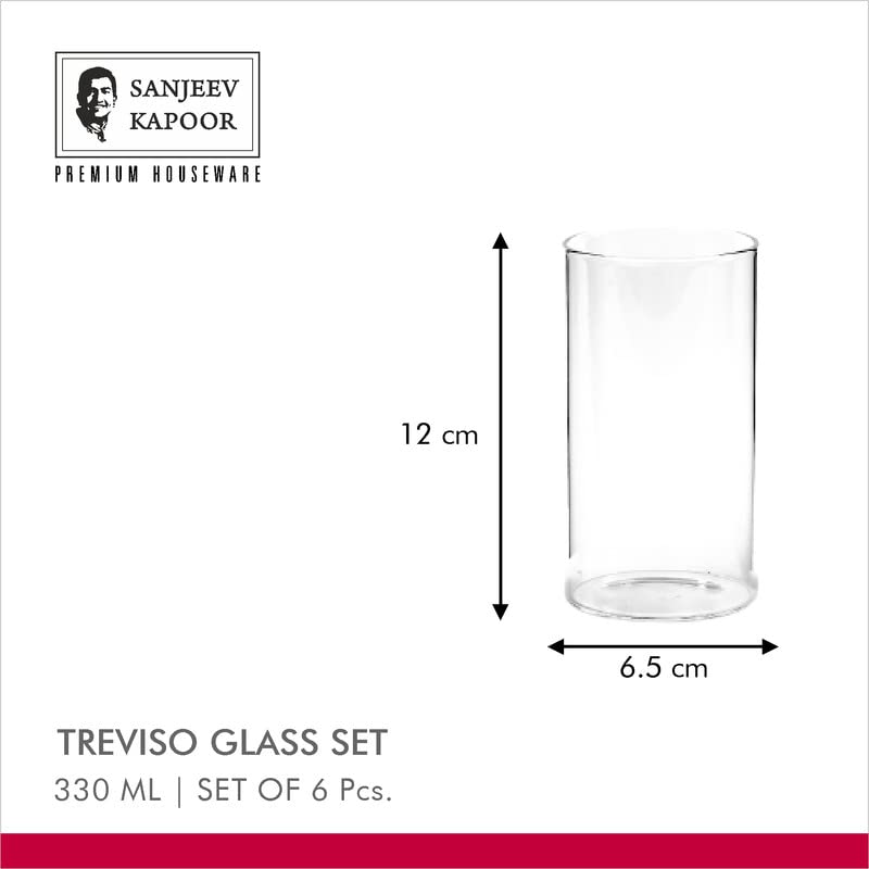 Sanjeev Kapoor Treviso Borosilicate Glass Set of 6 pcs, 330ml, Transparent, Glasses for- Water, Juice, Cold Drinks, Mojito, Perfect for Home, Restaurants and Parties