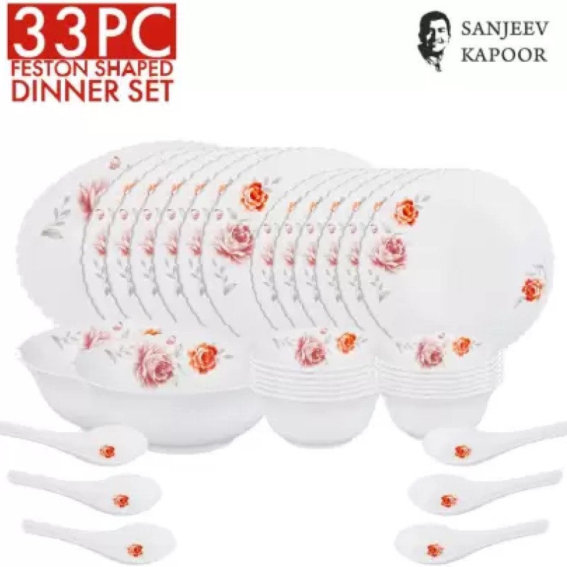 Sanjeev Kapoor Pack of 33 Glass 33 PC WHITE FESTON SHAPE DINNER SET - WITH POLYFOAM GIFT BOX Dinner Set