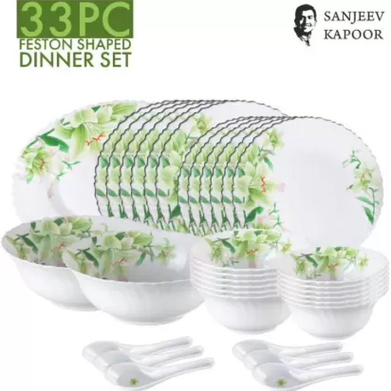 Sanjeev Kapoor Pack of 33 Glass 33 PC WHITE FESTON SHAPE DINNER SET - WITH POLYFOAM GIFT BOX Dinner Set