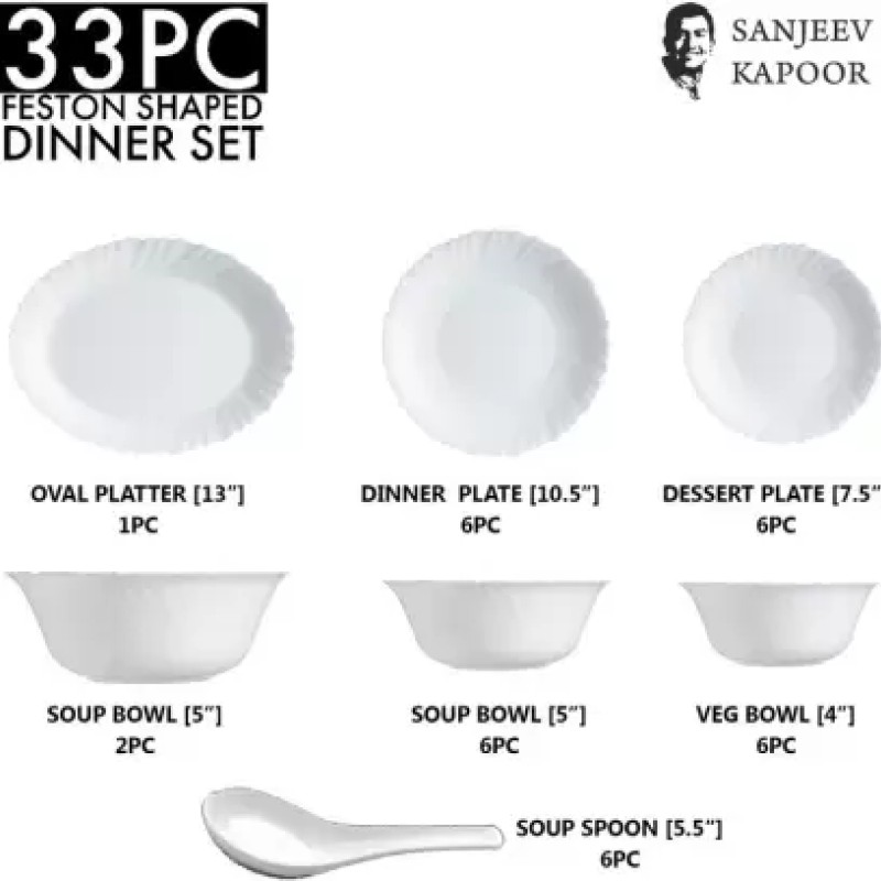 Sanjeev Kapoor Pack of 33 Glass 33 PC WHITE FESTON SHAPE DINNER SET - WITH POLYFOAM GIFT BOX Dinner Set