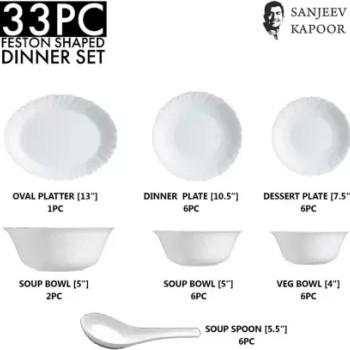 33 PC | White FESTON Shape | Dinner Set | Sanjeev Kapoor