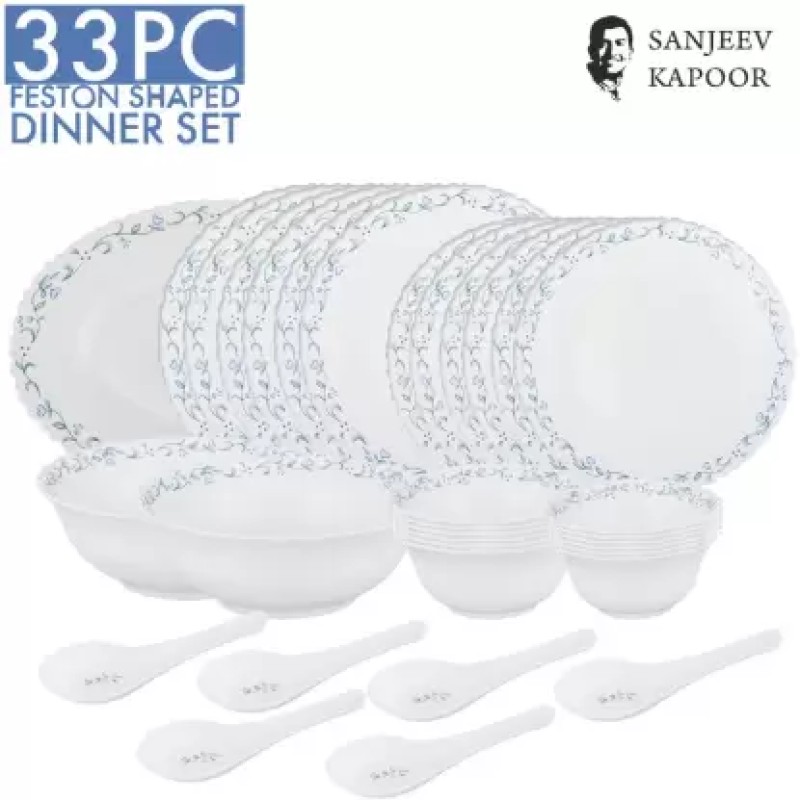 Sanjeev Kapoor Pack of 33 Glass 33 PC WHITE FESTON SHAPE DINNER SET - WITH POLYFOAM GIFT BOX Dinner Set  (Multicolor)