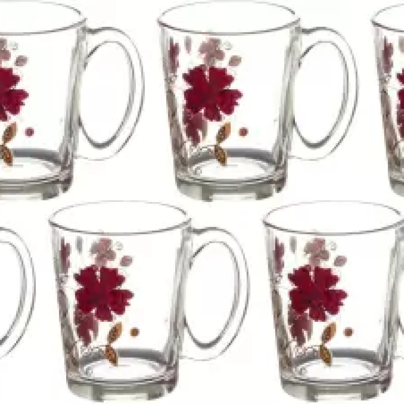SOOGO (Pack of 6) Windflower Printed Glass Mug Set of 6 Pcs 290ML - WITH GIFT BOX Glass Set Hot Beverage Glass  (290 ml, Glass, White)