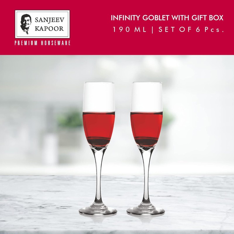 Sanjeev Kapoor Infinity Goblet Wine,Juice Glass for Party 190ML Set of 6 PCS, Transparent (SKB1003)