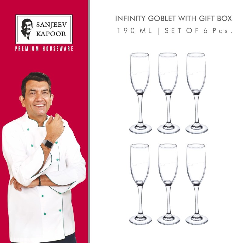 Sanjeev Kapoor Infinity Goblet Wine,Juice Glass for Party 190ML Set of 6 PCS, Transparent (SKB1003)