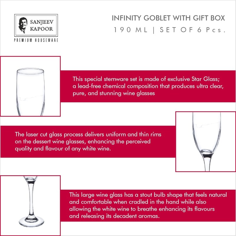 Sanjeev Kapoor Infinity Goblet Wine,Juice Glass for Party 190ML Set of 6 PCS, Transparent (SKB1003)