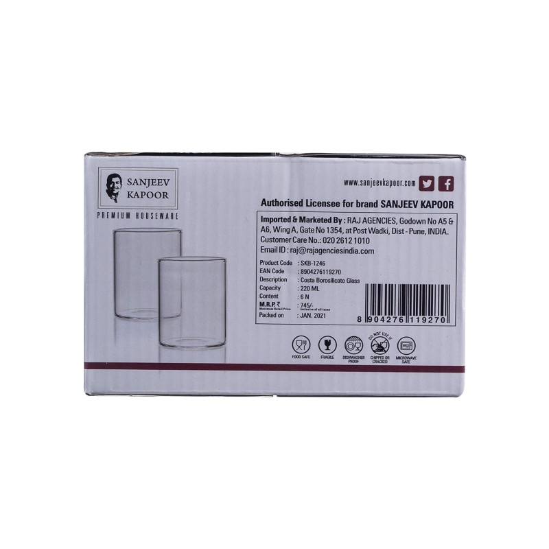 Sanjeev KapoorCOSTA Borosilicate Glass 220ML Set of 6 PCS Sanjeev KapoorCOSTA Borosilicate Glass 220ML Set of 6 PCS