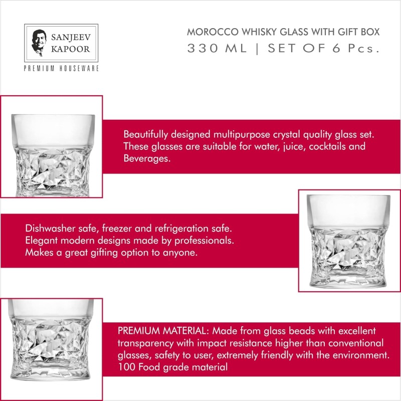 Sanjeev Kapoor Morocco Whisky Glass Set of 6 Pcs - 330ml