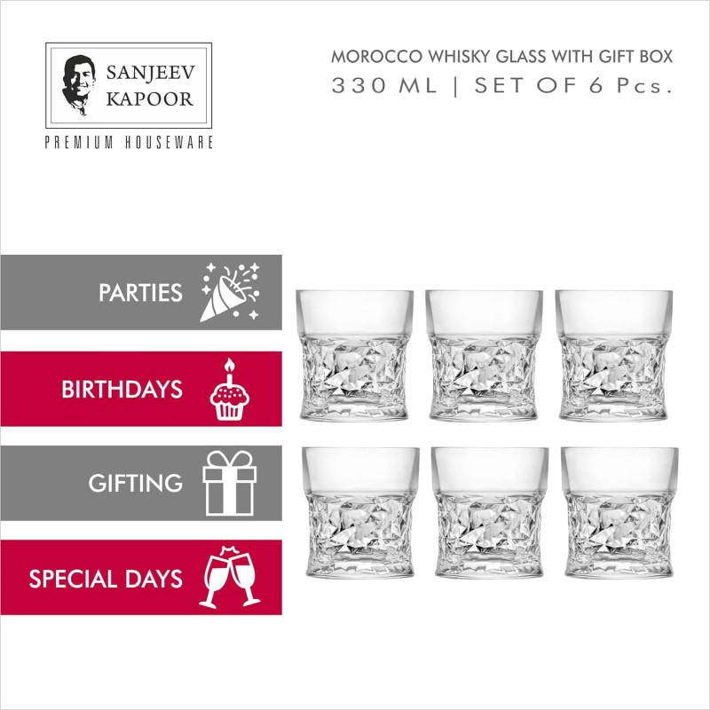 Sanjeev Kapoor Morocco Whisky Glass Set of 6 Pcs - 330ml