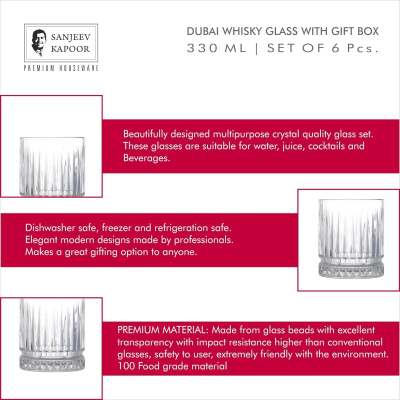Sanjeev Kapoor Dubai Whisky Glass Set of 6 Pcs - 330ml