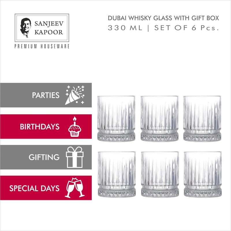Sanjeev Kapoor Dubai Whisky Glass Set of 6 Pcs - 330ml
