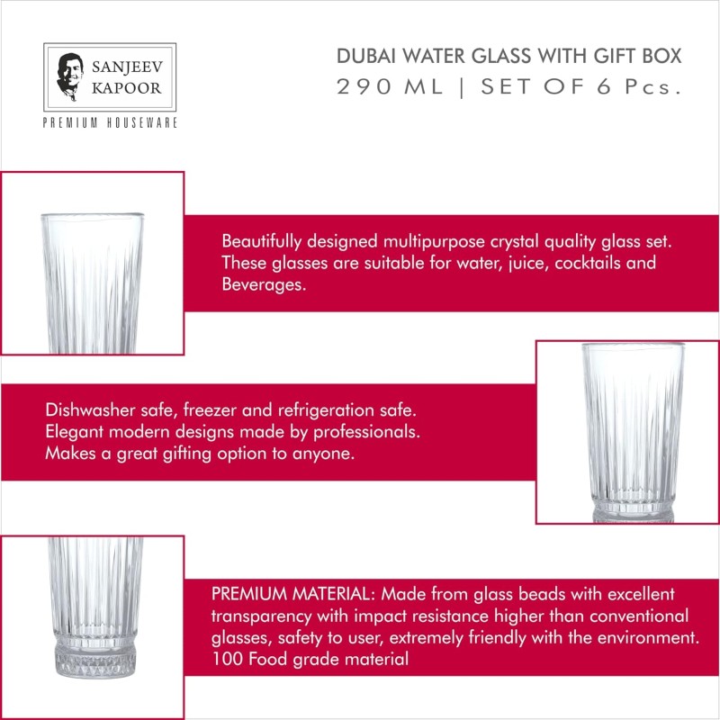 Sanjeev Kapoor Dubai Water Glass Set of 6 Pcs - 290ml
