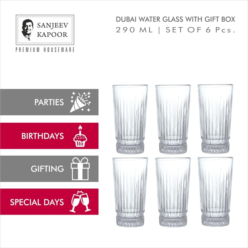 Sanjeev Kapoor Dubai Water Glass Set of 6 Pcs - 290ml