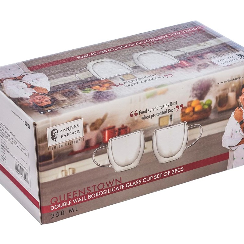 Sanjeev Kapoor Queenstown Double Wall Cup Set of 2 pcs 250 ml ,Transparent with Gift Box