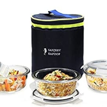 Sanjeev Kapoor Boston 3 PC Round Microwave Safe Borosilicate Glass Lunch Box 400 ML with Bag, Transparent
