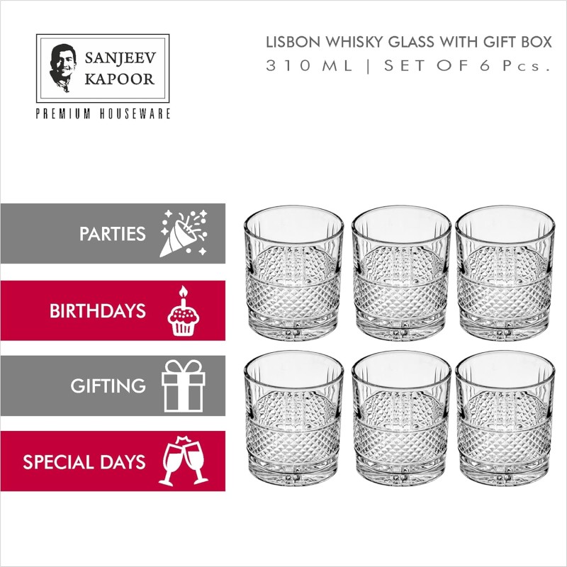 Sanjeev Kapoor Lisbon Whisky Glass Set of 6 Pc 310 ml