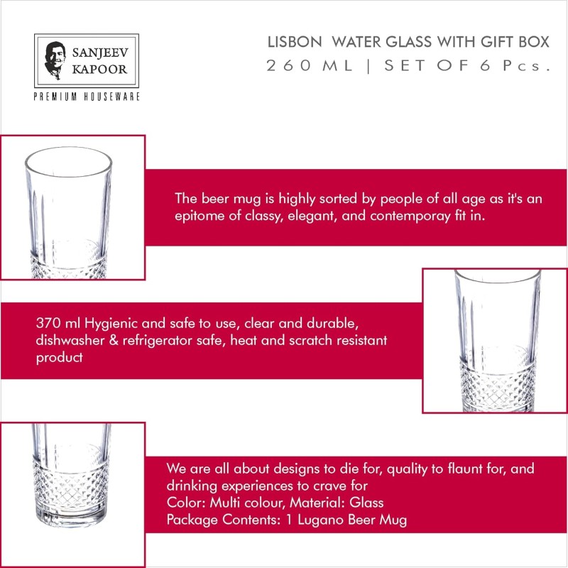 Sanjeev Kapoor Lisbon Water Glass Set of 6 Pc 260 ml