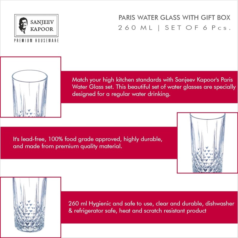 Sanjeev Kapoor Paris Water Glass 260 ml Set of 6 pcs