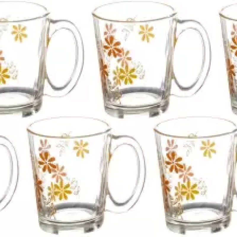 SOOGO (Pack of 6) Woodruff Printed Glass Mug Set of 6 Pcs 290ML - WITH GIFT BOX Glass Set Hot Beverage Glass  (290 ml, Glass, White)