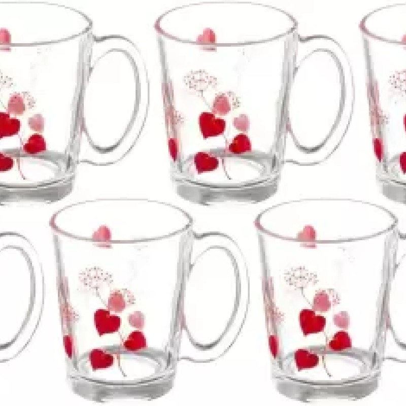 SOOGO (Pack of 6) Primrose Printed Glass Mug Set of 6 Pcs 290ML - WITH GIFT BOX Glass Set Hot Beverage Glass  (290 ml, Glass, White)