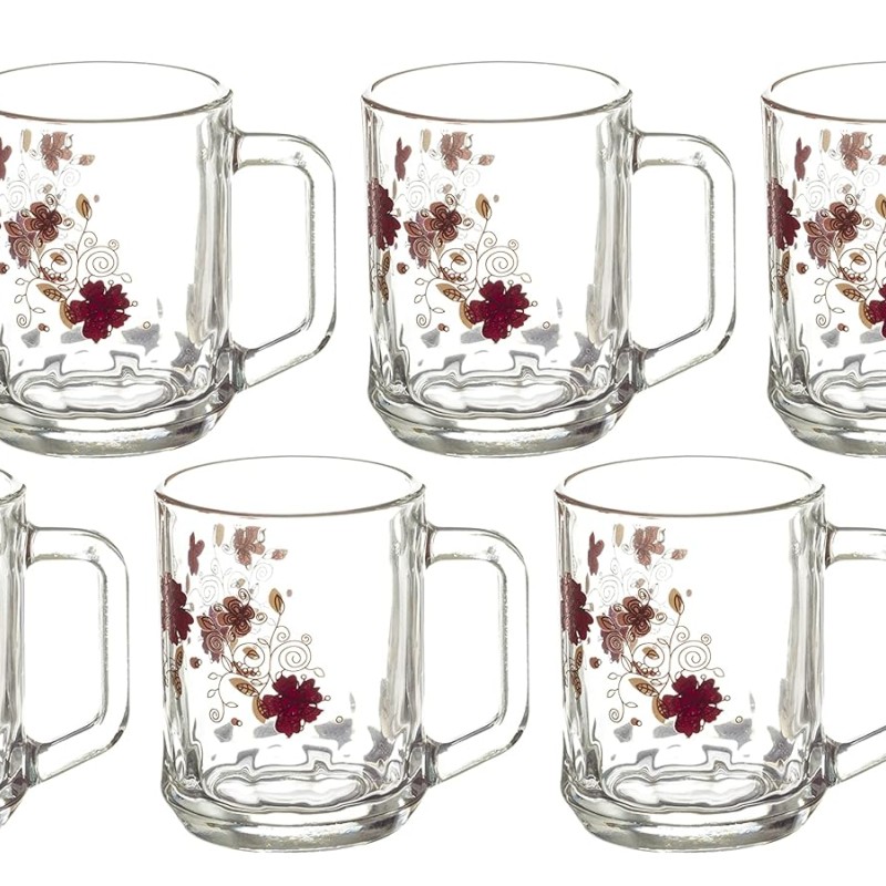 SOOGO Printed Mug,Set of 6 pcs,290 ml Capacity,Transparent,for Juice,Home,Party,Hotel and restuarants, Lavender Design