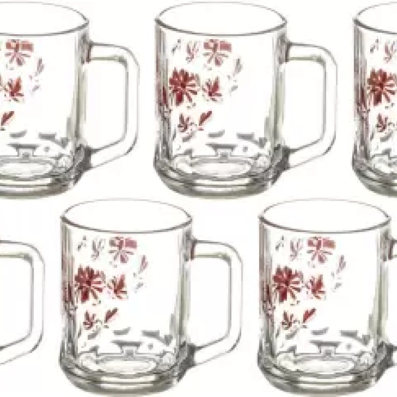 SOOGO (Pack of 6) Glory Printed Glass Mug Set of 6 Pcs 260ML - WITH GIFT BOX Glass Set Hot Beverage Glass  (260 ml, Glass, White)