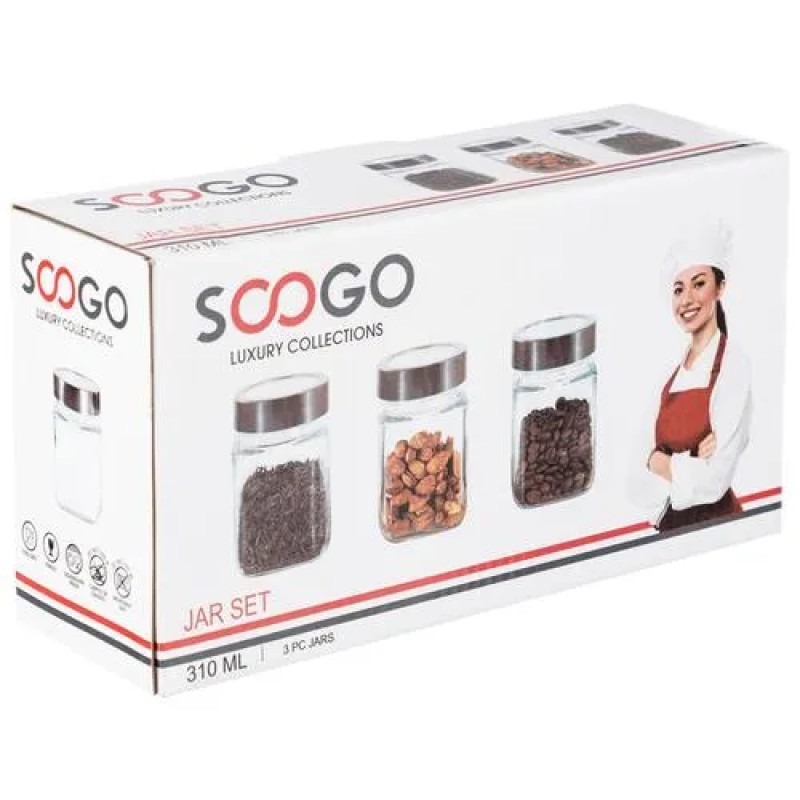 Soogo Square Jars - High Quality Glass, Plain, 310 ml (Set of 3) Soogo Square Jars - High Quality Glass, Plain, 310 ml (Set of 3)