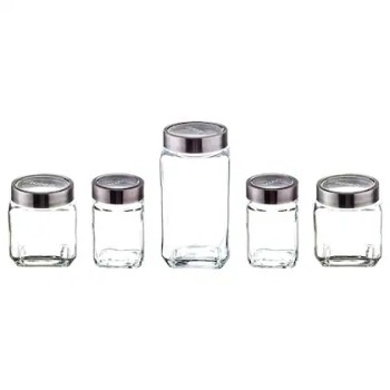 Soogo Cube Transparent Square Glass Jar with Steel Lid (Set of 5)