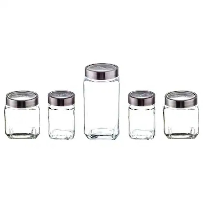 Soogo Cube Transparent Square Glass Jar with Steel Lid (Set of 5)