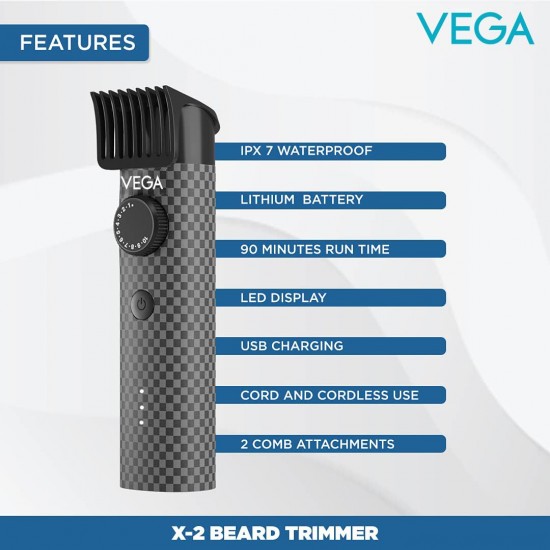 Vega Men X2 Beard Trimmer For Men With Quick Charge, 90 Mins Run-time, Waterproof, For Cord 